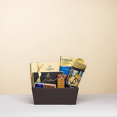 Discover the richness and variety of legendary Godiva chocolates in our luxury leather style gift basket. Spoil your friends and family with this impressive collection of Godiva milk, dark, and white Belgian chocolate creations.