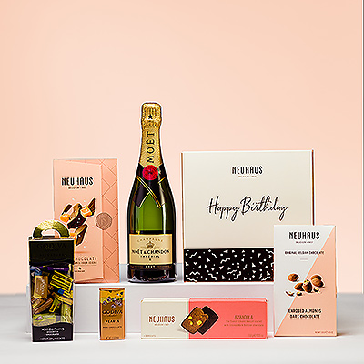 Faites de cet anniversaire le plus heureux des anniversaires avec une superbe collection de chocolats belges de qualité supérieure de Neuhaus et Godiva, accompagnés du champagne Moët & Chandon. C'est le moyen idéal d'envoyer des vœux de bonne fête à vos amis et à votre famille.