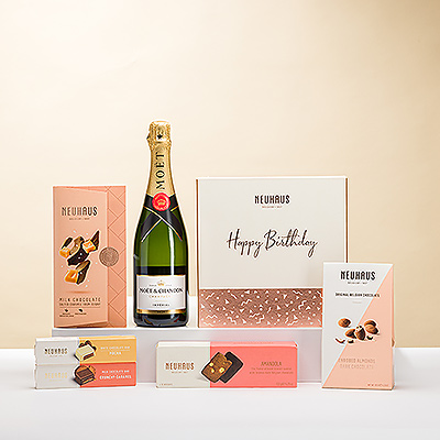 Faites de cet anniversaire le plus heureux des anniversaires avec une superbe collection de chocolats belges de qualité supérieure de Neuhaus et Godiva, accompagnés du champagne Moët & Chandon. C'est le moyen idéal d'envoyer des vœux de bonne fête à vos amis et à votre famille.