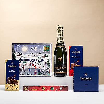 Celebrate Christmas with sparkling Cava, Leonidas chocolates &#38; Jules Destrooper biscuits. A luxurious Belgian gift box with pralines &#38; festive treats.