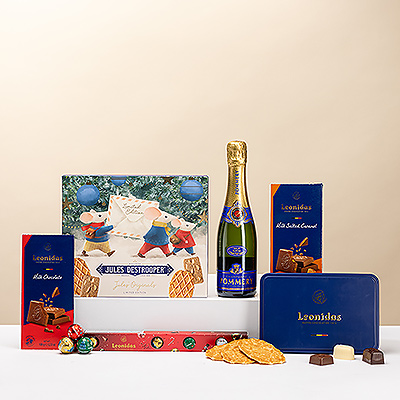 Celebrate Christmas with sparkling Champagne , Leonidas chocolates and Jules Destrooper biscuits . A luxury gift box filled with Belgian delicacies.