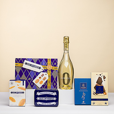 Genießen Sie die festliche Jahreszeit mit diesem alkoholfreien Sekt und Süßigkeiten von Bottega in der Jules Destrooper Jules' Finest Geschenkbox zum Jahresende.