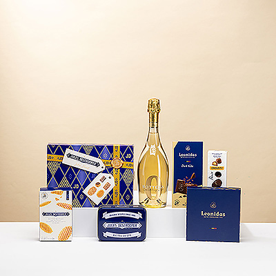 Genießen Sie die festliche Jahreszeit mit diesem alkoholfreien Sekt und Süßigkeiten von Bottega in der Jules Destrooper Jules' Finest Geschenkbox zum Jahresende.