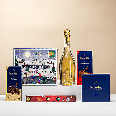 Celebrate Christmas with non-alcoholic sparkling wine, Leonidas chocolates & Jules Destrooper biscuits. A luxurious Belgian gift box without alcohol.
