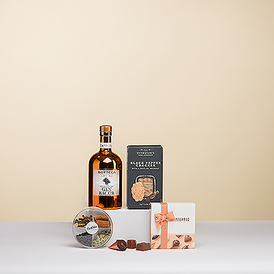 Presenting a distinctive, sophisticated gift for those with fine taste. Bottega Bacur Gin is paired with six iconic Neuhaus Belgian chocolates and Verduijn&#39;s black pepper & sea salt crackers for a special treat for two.