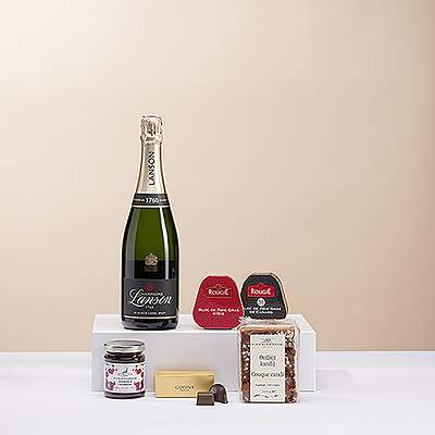 The exquisite elegance of Champagne Lanson, French Foie Gras, and Godiva Belgian chocolates are featured in this lavish gift set. When only the absolute finest will do, indulge in this exclusive statement of taste and style.