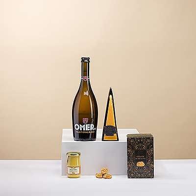 Genießen Sie die perfekte Kombination von belgischem Omer-Bier mit holländischem Gouda-Käse von Reypenaer V.S.O.P., edlem Dijon-Senf und köstlichem Gouda-Gebäck.