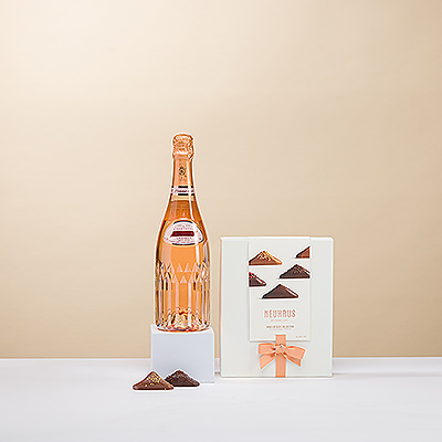Ooh la la! Presenting a truly exquisite gift with beautiful Vranken Diamant Brut Rosé Champagne and luxurious Neuhaus Belgian chocolate Irresistibles.