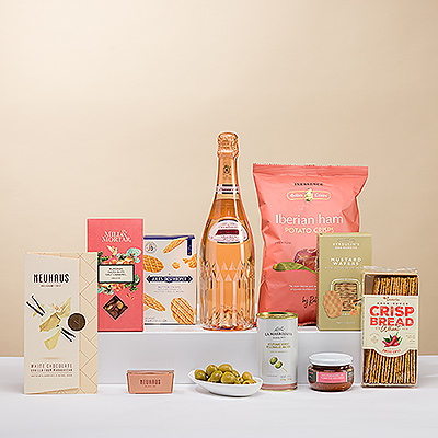 Treat your family and friends to an exceptional collection of French Champagne with European sweet and savory foods in this remarkable gourmet gift.