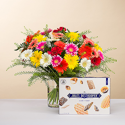 Zaubern Sie jemandem ein Lächeln ins Gesicht mit einem herrlichen mittelgroßen Strauß frischer Gerbera-Gänseblümchen in leuchtenden Farben! Die Blumen werden von einer köstlichen Schachtel Jules Destrooper's Finest begleitet, die aus verschiedenen Keksen besteht.