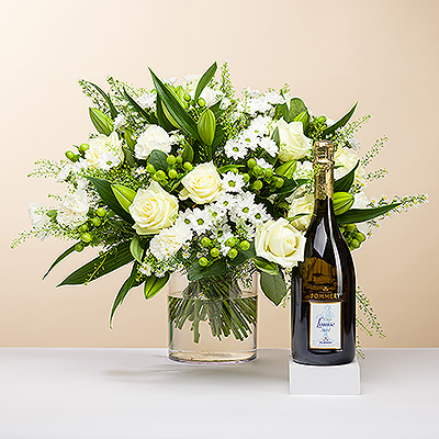 Discover a truly special flower and Champagne gift for very special occasions. As bright as a twinkling diamond, we present you this stylish bouquet, all in white. The beautiful white roses are accompanied by different seasonal greenery.