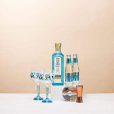 Make the perfect gin and tonic with iconic Bombay Sapphire gin presented with Fever Tree Mediterranean Tonic, assorted cocktail spices, a copper jigger, and a pair of Bombay Sapphire glasses.