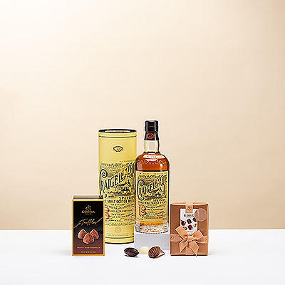 Dégustez le scotch whisky Craigellachie 13 Year Old avec de délicieuses truffes au chocolat Godiva et de luxueux pralinés Neuhaus Timeless Masterpieces au chocolat belge au lait, au chocolat noir et au chocolat blanc.
