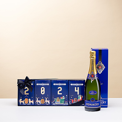 Wünschen Sie ihnen ein glückliches und köstliches neues Jahr mit elegantem Pommery Champagner und einer limitierten Jules Destrooper 2024 Neujahrs Geschenkbox!