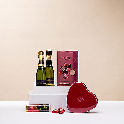 Un cadeau romantique pour deux comprenant du vin mousseux et du chocolat belge.