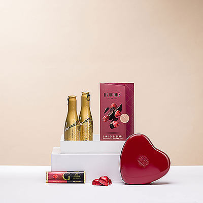 Celebra San Valentín con este romántico regalo para dos que incluye vino espumoso sin alcohol y chocolate belga.