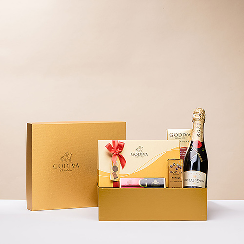 Caja de regalo Godiva Gold con champán Moët & Chandon