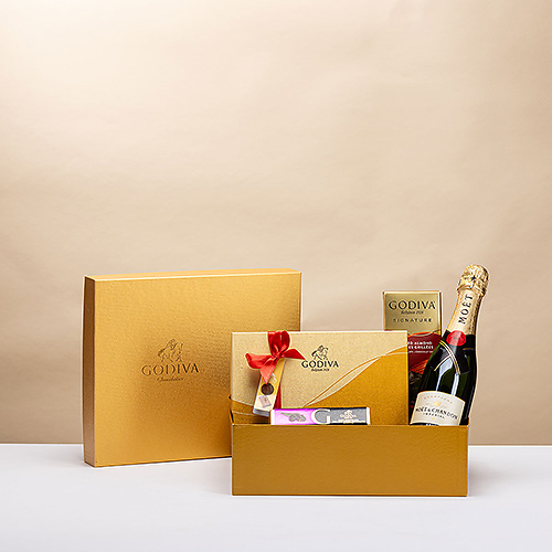 Caja de regalo Godiva Gold con champán Moët & Chandon