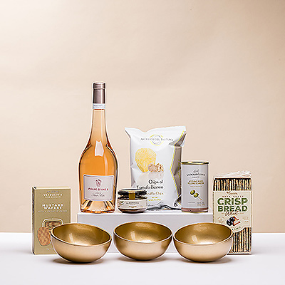 Elevate apero time with a crisp, lively French rosé wine, gourmet snacks, and a trio of exquisite handmade serving bowls.