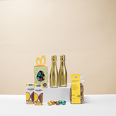 ¡Salud por Pascua! Disfrute de un delicioso desayuno de Pascua con dos botellas de 20 cl de Bottega Gold Prosecco Spumante y sabrosos bombones y golosinas.