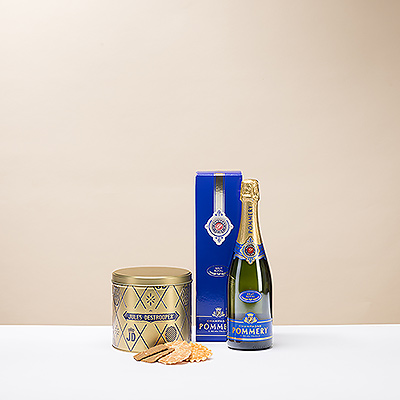 Eine tolle Geschenkidee für jeden Anlass: eine schöne Flasche Pommery Champagner in einer goldfarbenen Geschenkdose mit köstlichem Jules Destrooper Gebäck.