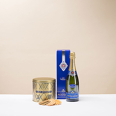 This is a beautiful gift idea for any occasion: a fine bottle of Pommery Champagne presented with a golden round gift tin with delicious Jules Destrooper biscuits.