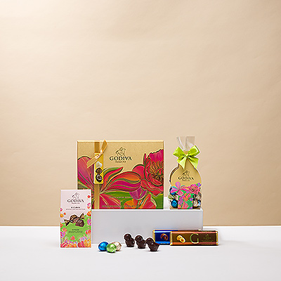 This luxury Godiva Easter gift box captures the joys of the season: colorful flowers, charming chicks, and plenty of chocolate Easter eggs!