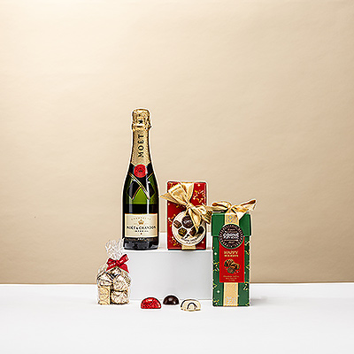Regalo de lujo Moët & Chandon con chocolates Corné Port-Royal 6 perfecto para Navidad, regalos corporativos o ocasiones especiales.