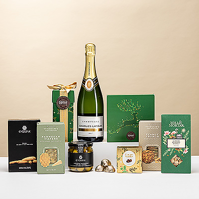 Send the gift of elegance and style to your friends, family, and colleagues this holiday season. A beautiful bottle of Léon & Lucien Champagne is combined with a delicious collection of festive Corné Port-Royal chocolates, savory snacks, crunchy nuts, and much more.