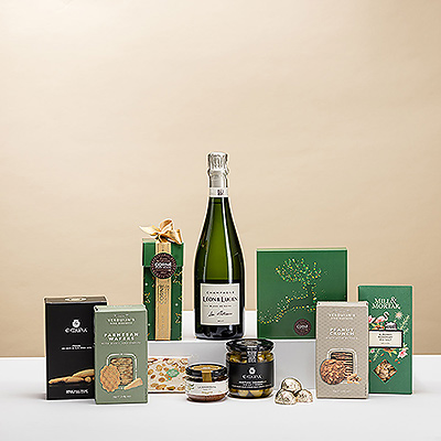 Send the gift of elegance and style to your friends, family, and colleagues this holiday season. A beautiful bottle of Léon & Lucien Champagne is combined with a delicious collection of festive Corné Port-Royal chocolates, savory snacks, crunchy nuts, and much more.