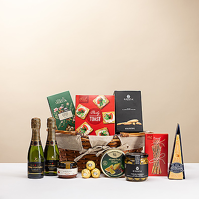 Genießen Sie diesen Geschenkkorb mit europäischen Delikatessen , feinen Snacks und Pere Ventura Tresor Reserva Cava . Ein festliches Weihnachtsgeschenk zum gemeinsamen Genießen.
