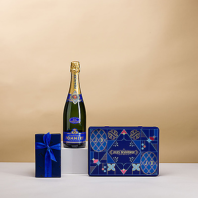 Überraschen Sie jemanden mit einem eleganten Geschenk für jeden Anlass: Kombinieren Sie Pommery Champagner mit köstlichen weißen Leonidas-Schokoladenmanons und einer Geschenkdose mit den leckersten Keksen von Jules Destrooper.