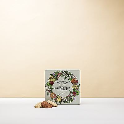 The Cartwright & Butler Luxury Biscuit Selection gift tin includes Currant Shrewsbury Biscuits, Mild Ginger Crunch, Chocolate Chunk Orange Biscuits, Oat Flips, and Salted Caramel Biscuits.