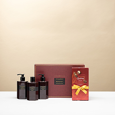 Elegant Bereket skincare set with Guylian Belgian pralines. The perfect luxury gift for birthdays, anniversaries or festive celebrations.