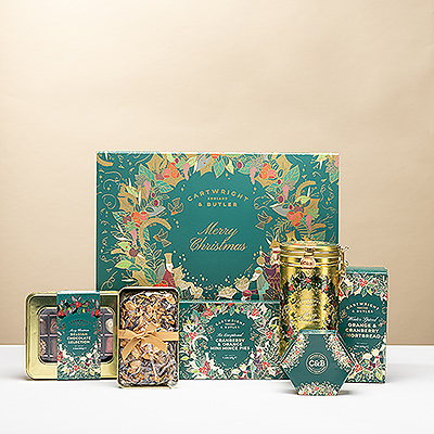 Celebra la Navidad con la Merry Christmas Selection Hamper de Cartwright & Butler. Mince pies, pastel, pudding, shortbread, chocolates belgas y té en una caja de regalo elegante.