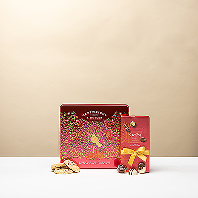 Celebrate Christmas with the Cartwright &#38; Butler 12 Days of Christmas Biscuit Selection &#38; Guylian Opus Belgian pralines. A luxurious festive gift of chocolate indulgence.