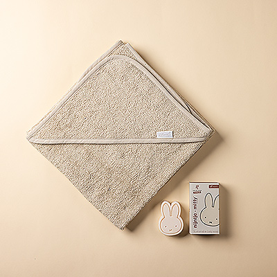 Beautiful baby gift with soft hooded towel and natural Miffy Care soap, Belgian-made and gentle for sensitive baby skin.