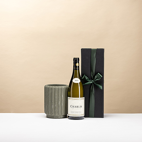 Rafraîchisseur à vin Dentelles - Olive avec bouteille de vin en coffret cadeau