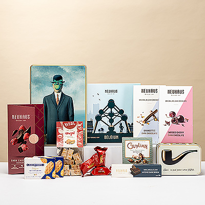 Classic Belgium Prestige 5 un lujoso regalo belga con chocolates Neuhaus, dulces Guylian y galletas Jules Destrooper.