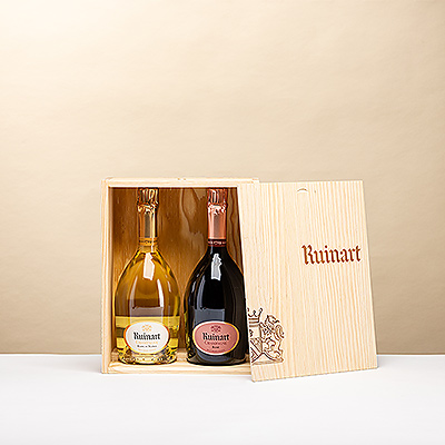 Le Duo Ruinart Blanc de Blancs & Rosé en coffret bois réunit deux cuvées emblématiques : la pureté du Chardonnay et l5élégance d5un rosé raffiné. Un cadeau d5exception pour amateurs de grands champagnes.