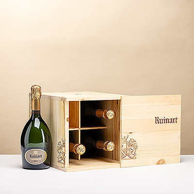 Die 6R6 de Ruinart 4 Flaschen in Holzkiste vereint vier Flaschen der ikonischen Ruinart-Cuvée in einem eleganten Holzset—ein luxuriöses Geschenk für Champagnerfreunde .