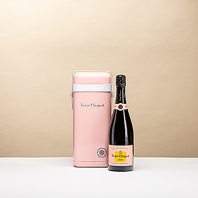 Pink Cooler reutilizable con la icónica Veuve Clicquot Rosé Brut . Elegante, sostenible y perfecto para mantener el champagne frío durante una hora.