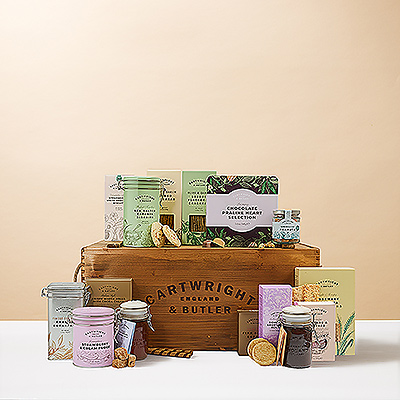 Entdecken Sie den Cartwright & Butler Ultimate Indulgence Hamper voller feiner britischer Delikatessen. Ein luxuriöses Geschenk in einer stilvollen Holzkiste für jeden besonderen Anlass.