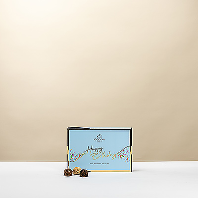 Surprise with the festive Godiva Happy Birthday Truffles featuring 15 refined chocolate truffles . A delicious gift for every chocolate lover and birthday celebration.