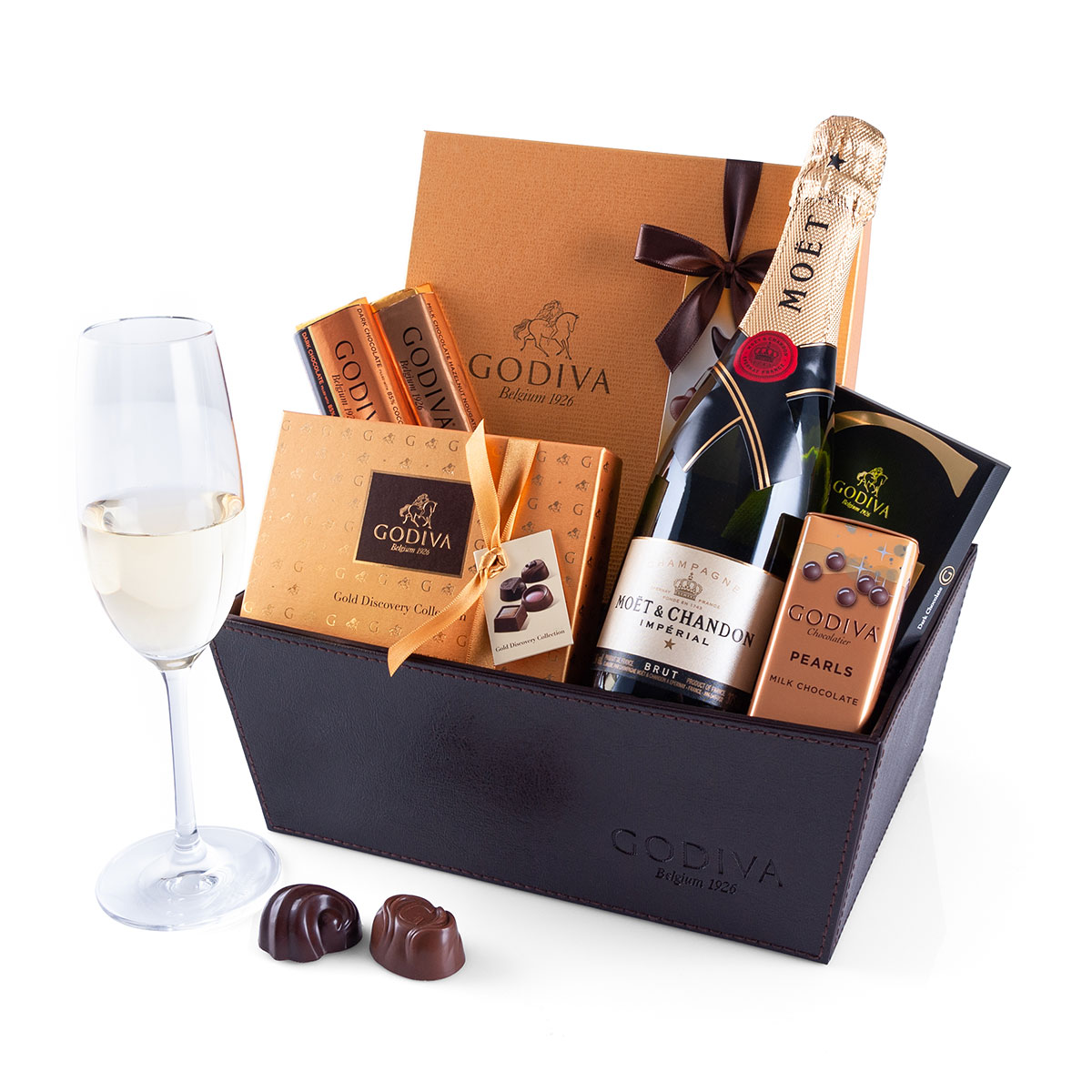 Godiva Leather Hamper Chocolates & Champagne Delivery in
