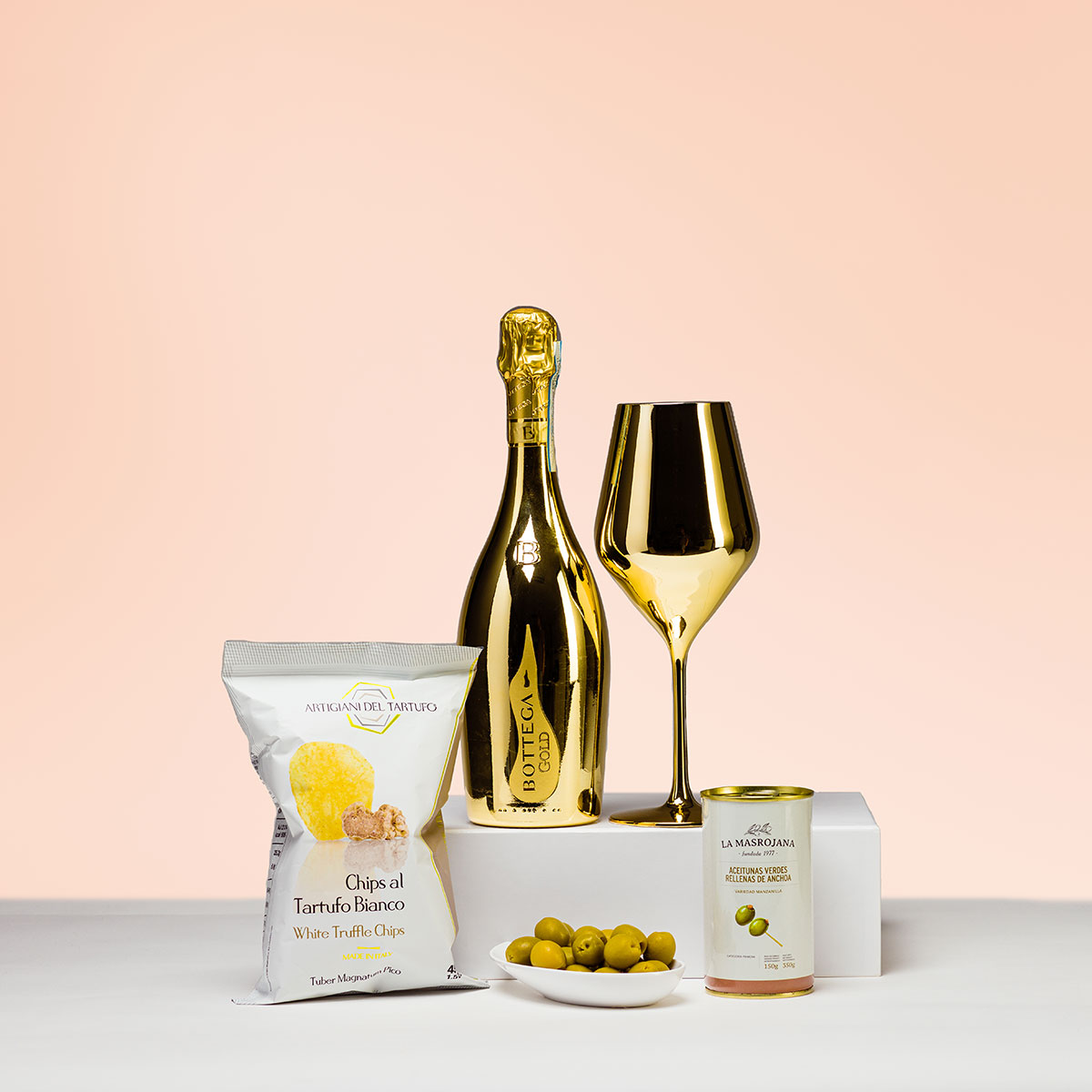 Bottega Gold Prosecco Snacks Luxury Set In White Gift Box Delivery In Belgium By Giftsforeurope